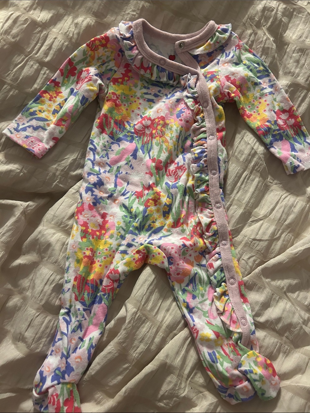 Sweet Floral Ruffle Footed One-Piece - Pink Multicolor